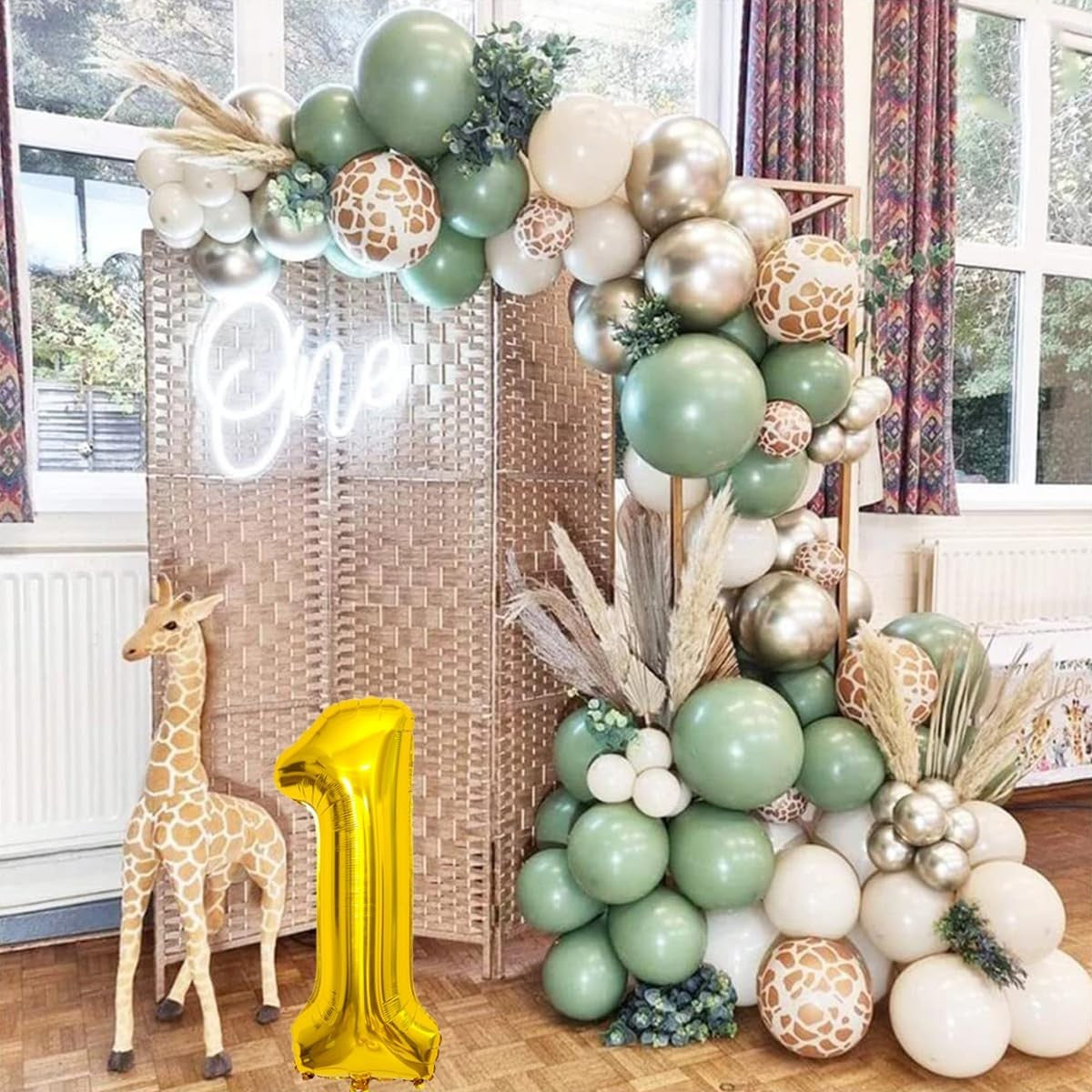 Set 30 Baloane Folie si Latex, ANGELBEAR, Tematica Prima Aniversare, Baloane Latex 30cm, 25cm, Figurina Girafa 32x34 cm, Frunza Palmier 15 cm, Cifra 1 76 cm, Multicolor