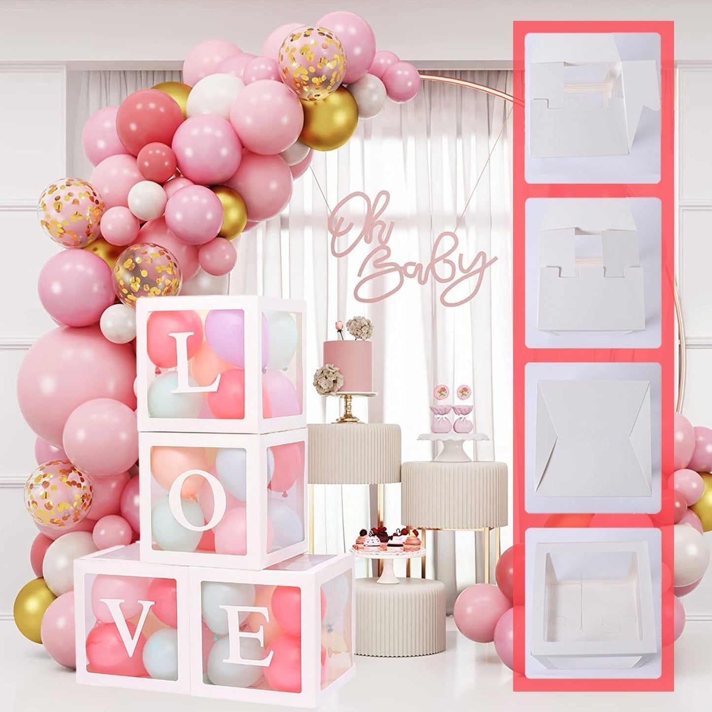 Set 4 Cutii pentru Baloane, ANGELBEAR, Model Scris Love, Tematica Iubire, Cuburi Decorative din Plastic, Accesorii pentru Petrecere, 30 x30 cm, Transparente Contur Alb