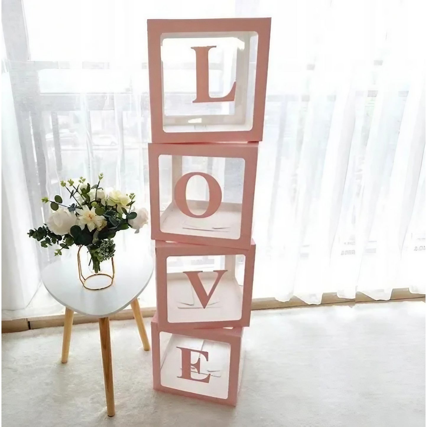 Set 4 Cutii pentru Baloane, ANGELBEAR, Model Scris Love, Tematica Iubire, Cuburi Decorative din Plastic, Accesorii pentru Petrecere, 30 x30 cm, Transparente Contur Roz
