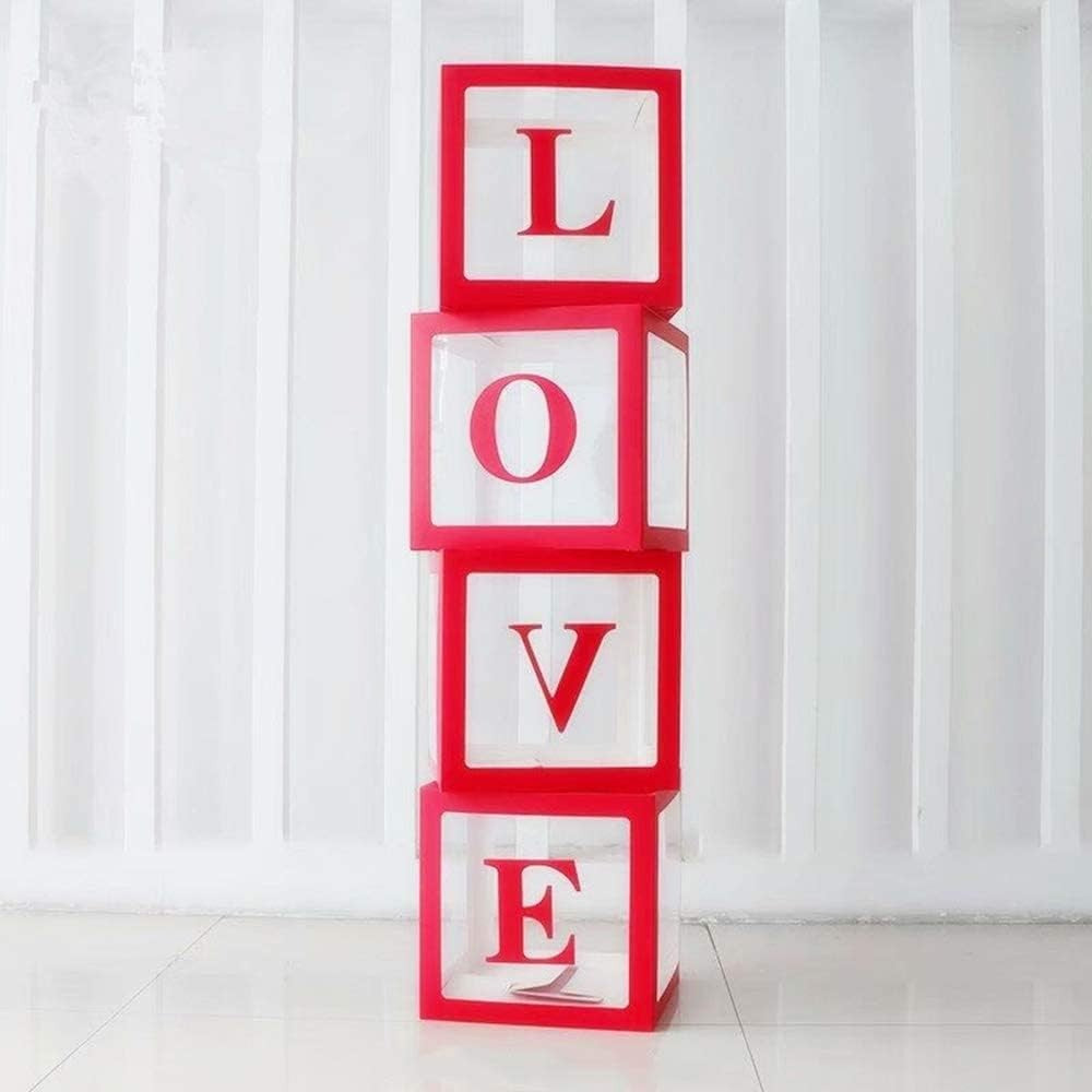 Set 4 Cutii pentru Baloane, ANGELBEAR, Model Scris Love, Tematica Iubire, Cuburi Decorative din Plastic, Accesorii pentru Petrecere, 30x30 cm, Transparente Contur Rosu