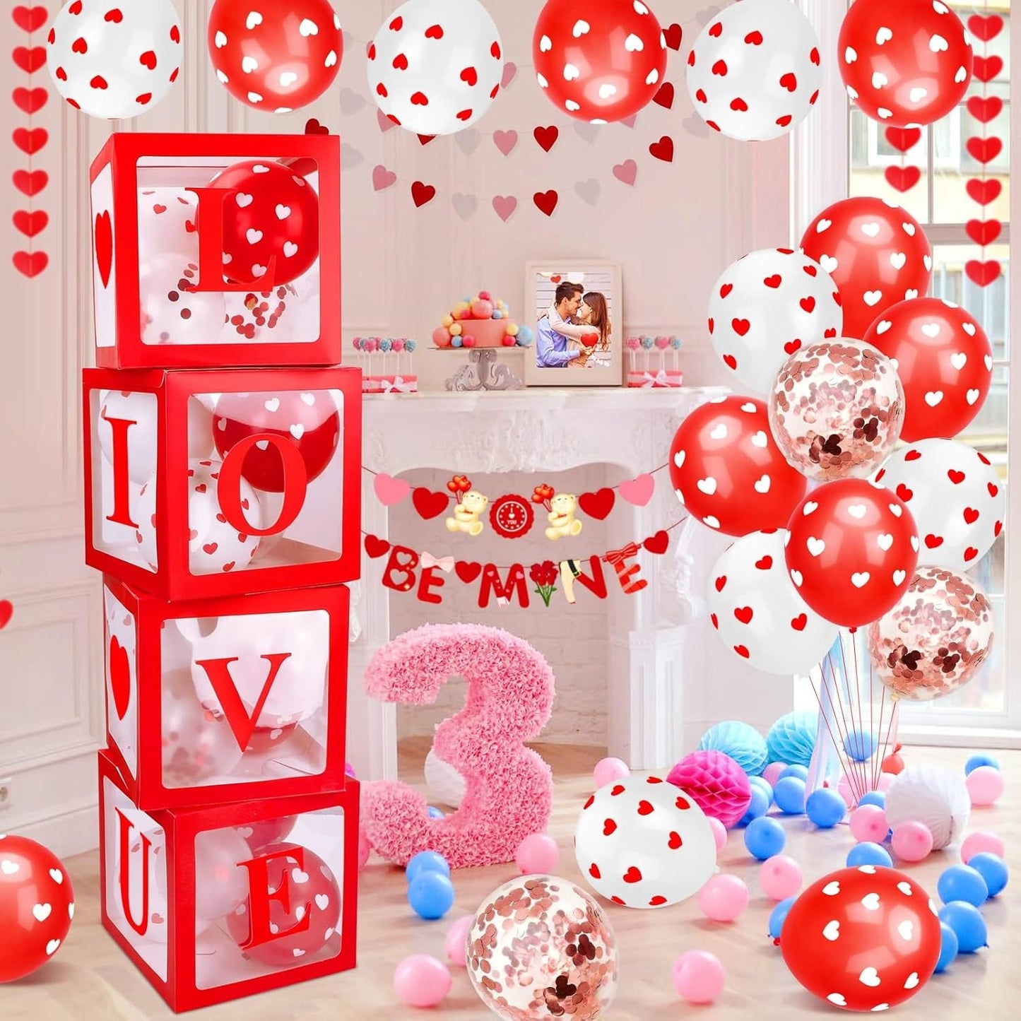 Set 4 Cutii pentru Baloane, ANGELBEAR, Model Scris Love, Tematica Iubire, Cuburi Decorative din Plastic, Accesorii pentru Petrecere, 30x30 cm, Transparente Contur Rosu