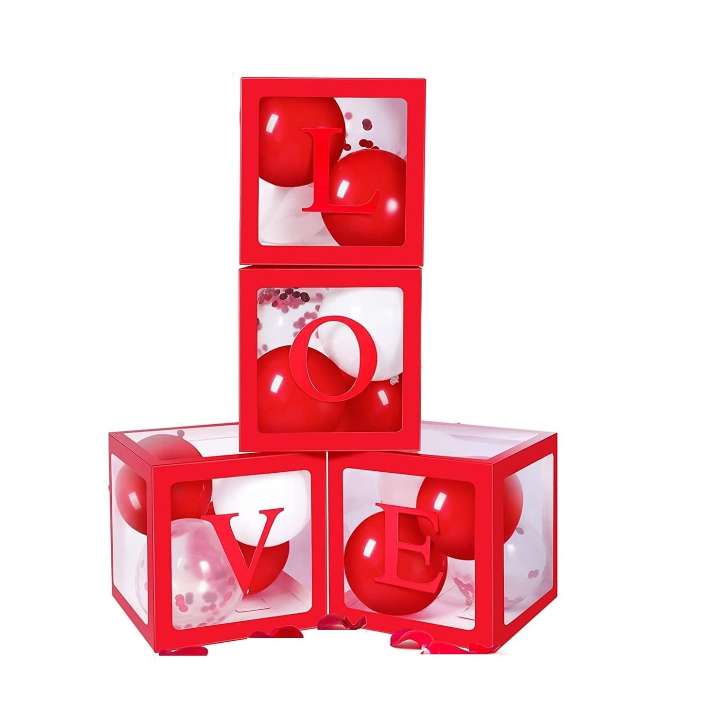 Set 4 Cutii pentru Baloane, ANGELBEAR, Model Scris Love, Tematica Iubire, Cuburi Decorative din Plastic, Accesorii pentru Petrecere, 30x30 cm, Transparente Contur Rosu