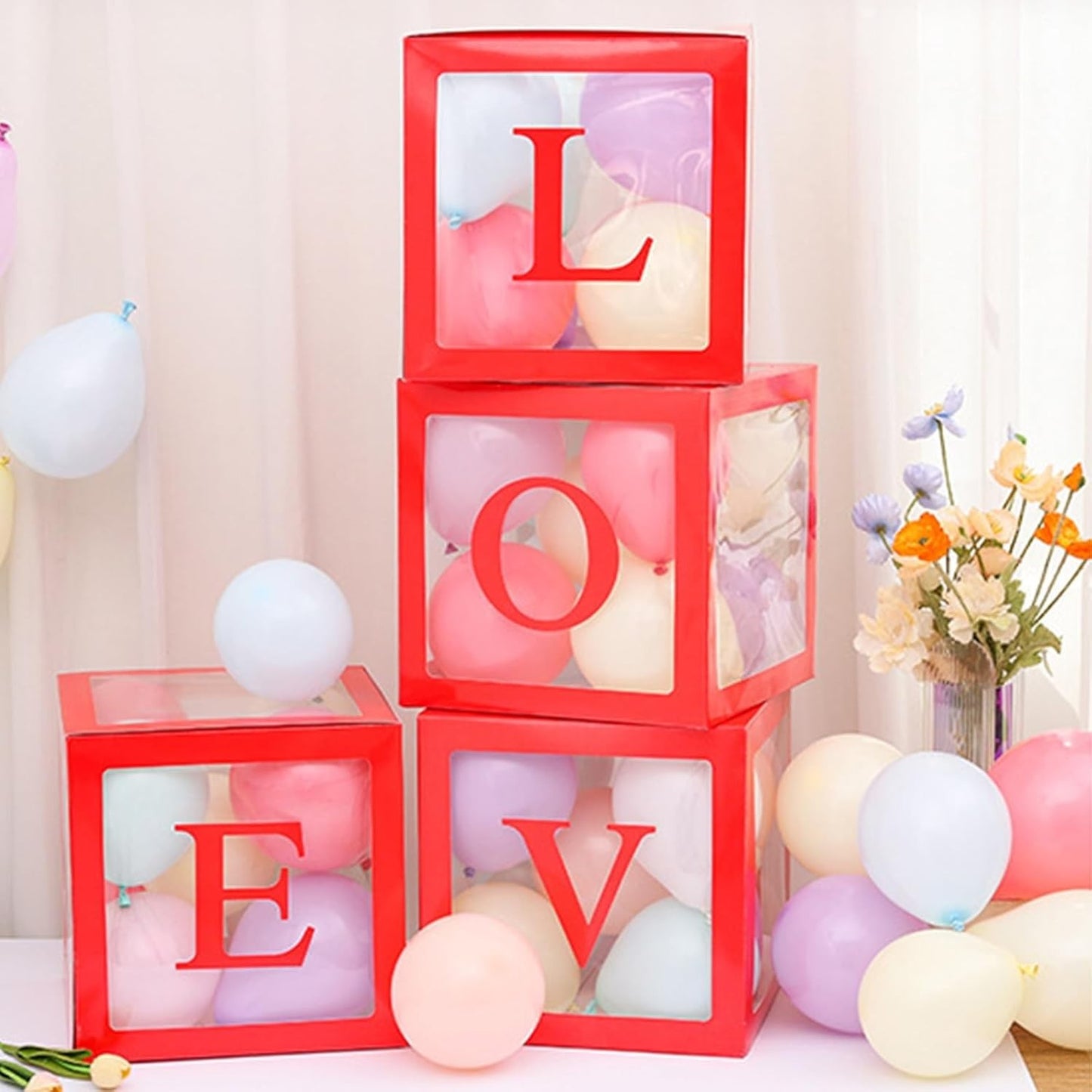 Set 4 Cutii pentru Baloane, ANGELBEAR, Model Scris Love, Tematica Iubire, Cuburi Decorative din Plastic, Accesorii pentru Petrecere, 30x30 cm, Transparente Contur Rosu