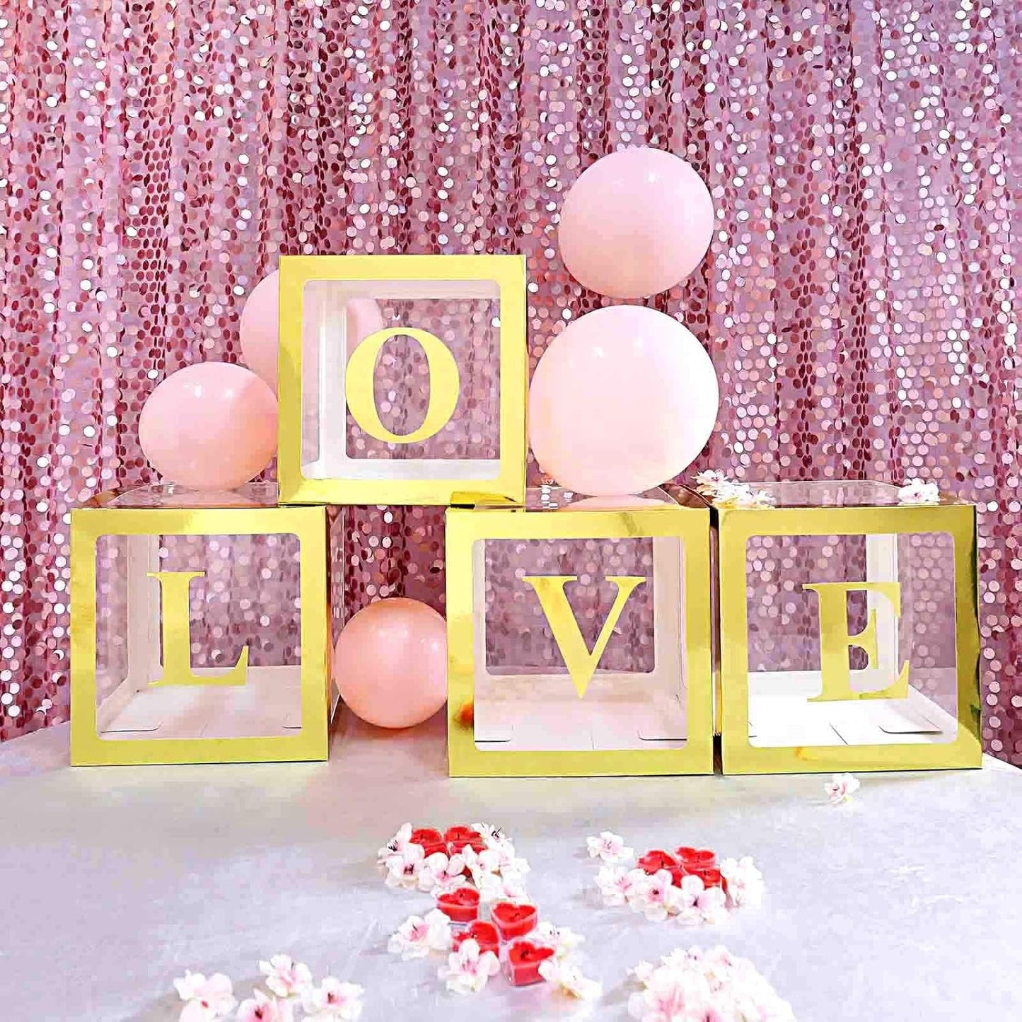 Set 4 Cutii pentru Baloane, ANGELBEAR, Model Simplu, Tematica Aniversare, Cuburi Decorative din Plastic, Accesorii pentru Petrecere, 30 x30 cm, Transparente Contur Auriu