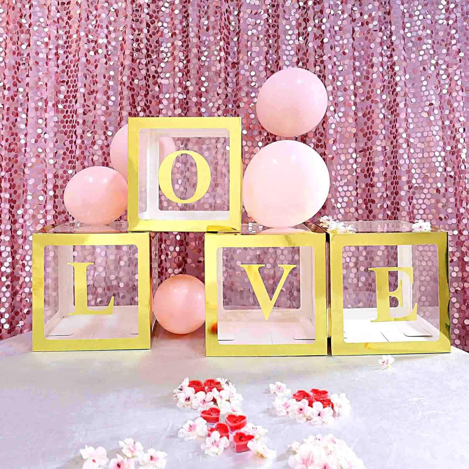 Set 4 Cutii pentru Baloane, ANGELBEAR, Model Simplu, Tematica Aniversare, Cuburi Decorative din Plastic, Accesorii pentru Petrecere, 30 x30 cm, Transparente Contur Auriu