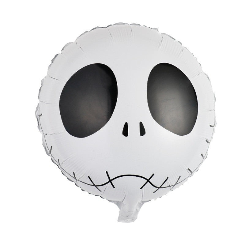 Set 5 Baloane din Folie Metalizata, ANGELBEAR, Figurine, Tema Halloween, Pai Inclus, Ambalaj Individual, Umflare cu Aer sau Heliu, Figurina Craniu 50.5x74 cm, Stelute si Cerculete 45 cm, Alb-Negru