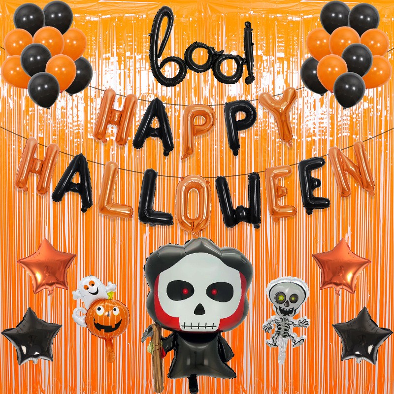 Set 5 Baloane din Folie Metalizata, ANGELBEAR, Figurine, Tema Halloween, Pai Inclus, Ambalaj Individual, Umflare cu Aer sau Heliu, Figurina Craniu 50.5x74 cm, Stelute si Cerculete 45 cm, Alb-Negru