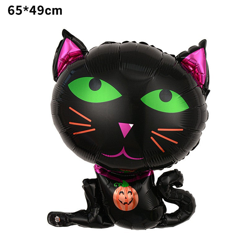 Set 5 Baloane din Folie Metalizata, ANGELBEAR, Figurine, Tema Halloween, Pai Inclus, Ambalaj Individual, Umflare cu Aer sau Heliu, Figurina Pisica 65x49 cm, Stelute si Cerculete 45 cm, Negru