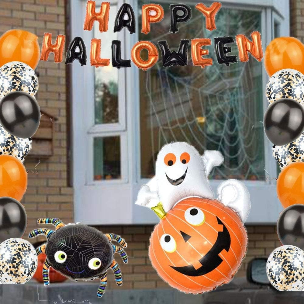 Set 5 Baloane din Folie Metalizata, ANGELBEAR, Figurine, Tema Halloween, Pai Inclus, Ambalaj Individual, Umflare cu Aer sau Heliu, Figurina Dovleac cu Fantoma 64x80 cm, Stelute si Cerculete 45 cm, Multicolor