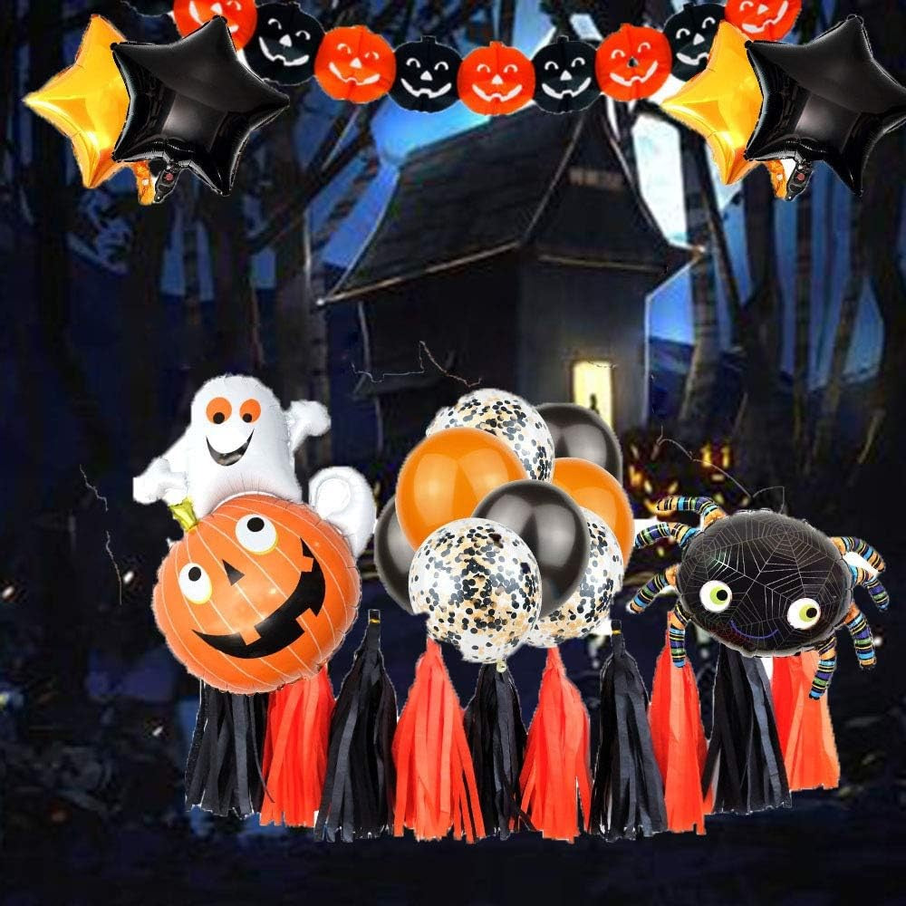 Set 5 Baloane din Folie Metalizata, ANGELBEAR, Figurine, Tema Halloween, Pai Inclus, Ambalaj Individual, Umflare cu Aer sau Heliu, Figurina Dovleac cu Fantoma 64x80 cm, Stelute si Cerculete 45 cm, Multicolor