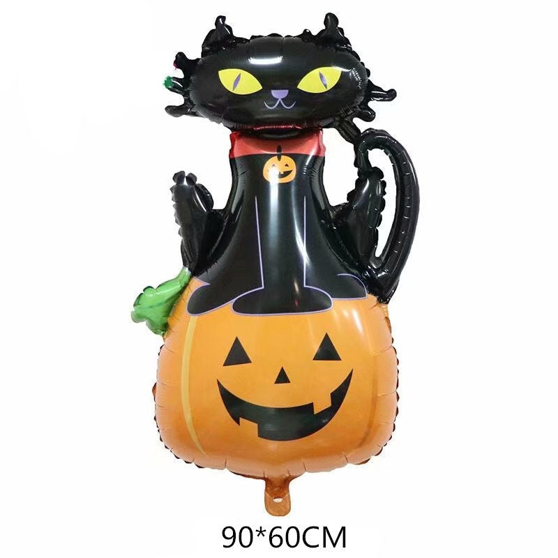 Set 5 Baloane din Folie Metalizata, ANGELBEAR, Figurine, Tema Halloween, Pai Inclus, Ambalaj Individual, Umflare cu Aer sau Heliu, Figurina Dovleac si Pisica 90x60 cm, Stelute si Cerculete 45 cm, Portocaliu-Negru