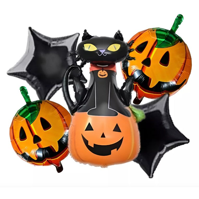 Set 5 Baloane din Folie Metalizata, ANGELBEAR, Figurine, Tema Halloween, Pai Inclus, Ambalaj Individual, Umflare cu Aer sau Heliu, Figurina Dovleac si Pisica 90x60 cm, Stelute si Cerculete 45 cm, Portocaliu-Negru