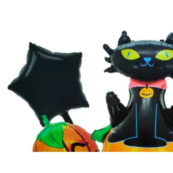 Set 5 Baloane din Folie Metalizata, ANGELBEAR, Figurine, Tema Halloween, Pai Inclus, Ambalaj Individual, Umflare cu Aer sau Heliu, Figurina Dovleac si Pisica 90x60 cm, Stelute si Cerculete 45 cm, Portocaliu-Negru