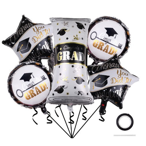 Baloane cu tematica Absolvire, ANGELBEAR, set din 5 baloane, 1 Figurina Diploma, 2 stele, 2 rotunde, din folie de aluminiu, 70 x 40 cm, Aer si Heliu, Alb Negru
