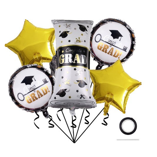Baloane cu tematica Absolvire, ANGELBEAR, set din 5 baloane, 1 Figurina Diploma, 2 stele, 2 rotunde, din folie de aluminiu, 70 x 40 cm, Aer si Heliu, Auriu Negru