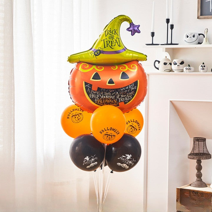Set 5 Baloane din Folie Metalizata, ANGELBEAR, Figurine, Tema Halloween, Pai Inclus, Ambalaj Individual, Umflare cu Aer sau Heliu, Figurina Dovleac 54x87 cm, Stelute si Cerculete 45 cm, Multicolor