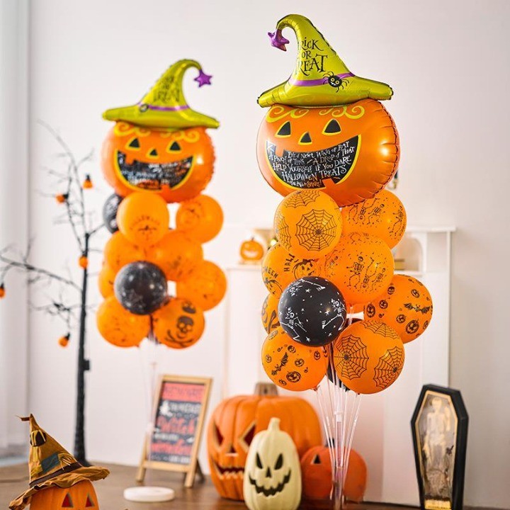 Set 5 Baloane din Folie Metalizata, ANGELBEAR, Figurine, Tema Halloween, Pai Inclus, Ambalaj Individual, Umflare cu Aer sau Heliu, Figurina Dovleac 54x87 cm, Stelute si Cerculete 45 cm, Multicolor