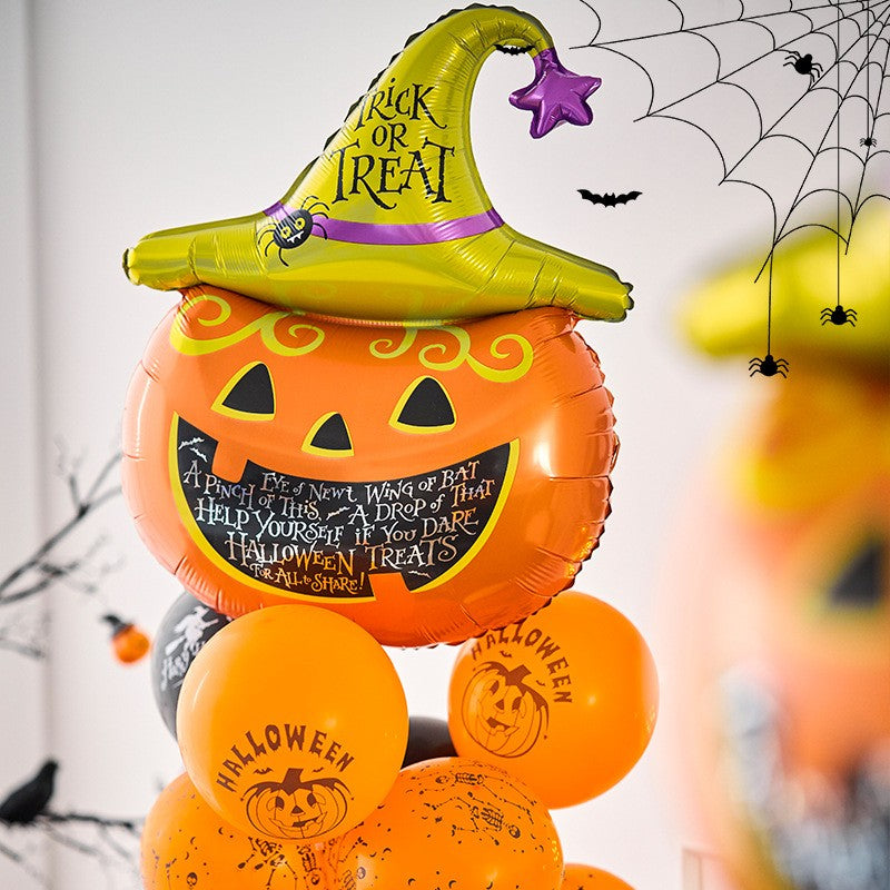 Set 5 Baloane din Folie Metalizata, ANGELBEAR, Figurine, Tema Halloween, Pai Inclus, Ambalaj Individual, Umflare cu Aer sau Heliu, Figurina Dovleac 54x87 cm, Stelute si Cerculete 45 cm, Multicolor
