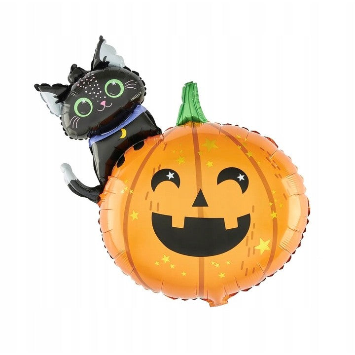 Set 5 Baloane din Folie Metalizata, ANGELBEAR, Figurine, Tema Halloween, Pai Inclus, Ambalaj Individual, Umflare cu Aer sau Heliu, Figurina Dovleac si Pisica 84x69 cm, Stelute si Cerculete 45 cm, Multicolor
