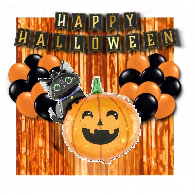 Set 5 Baloane din Folie Metalizata, ANGELBEAR, Figurine, Tema Halloween, Pai Inclus, Ambalaj Individual, Umflare cu Aer sau Heliu, Figurina Dovleac si Pisica 84x69 cm, Stelute si Cerculete 45 cm, Multicolor