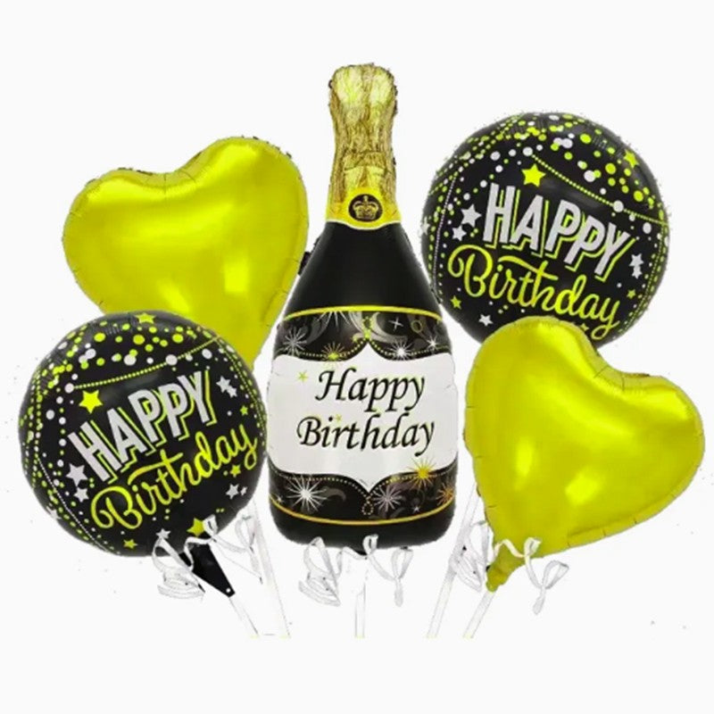 Baloane pentru aniversare, ANGELBEAR, tematica Happy Birthday, set 5 baloane, 1 Sticla Sampanie 103 x 94 cm, 2 inimi, 2 rotunde, din folie de aluminiu, pai de carton inclus, Negru Auriu