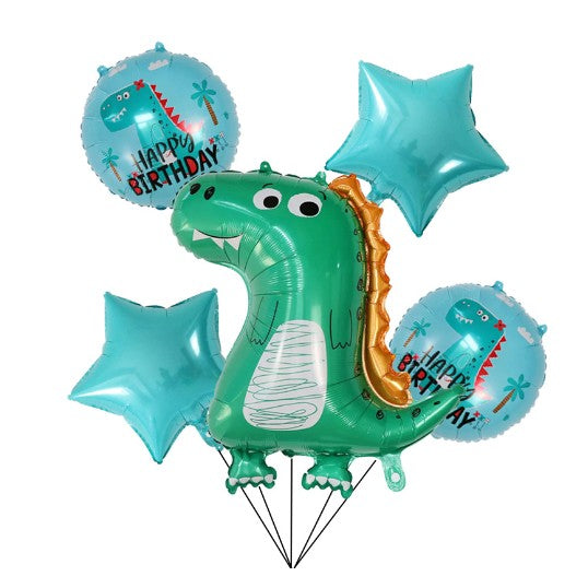 Set 5 Baloane folie de aluminiu, ANGELBEAR, Figurina Dinozaur, pentru aniversare HAPYY BIRTHDAY, Stelute Albastre si Baloane Albastre, 50 - 70 cm