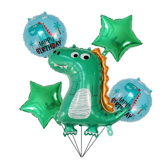 Set 5 Baloane folie de aluminiu, ANGELBEAR, Figurina Dinozaur, pentru aniversare HAPYY BIRTHDAY, Stelute Verzi si Baloane Albastre, 50 - 70 cm
