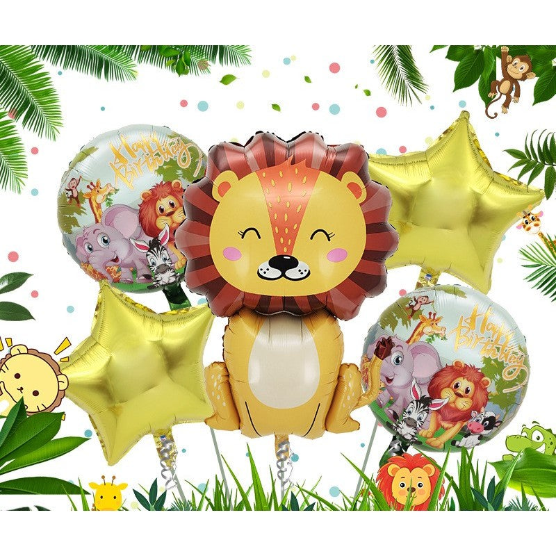 Set 5 Baloane din Folie Metalizata, ANGELBEAR, Figurine, Tema Aniversare Jungla, Pai Inclus, Ambalaj Individual, Umflare cu Aer sau Heliu, Figurina Leu 69.5x101 cm, Stelute si Cerculete 45 cm, Multicolor