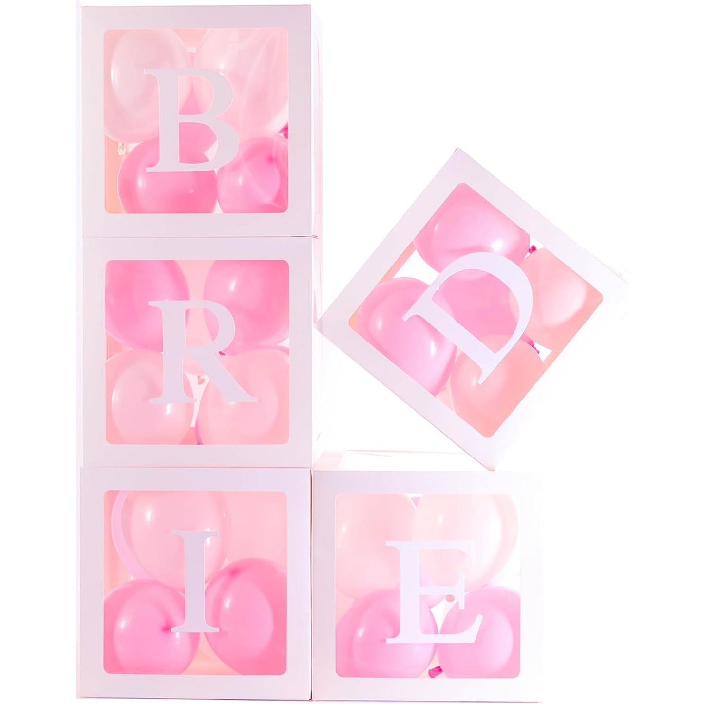 Set 5 Cutii pentru Baloane, ANGELBEAR, Model Scris Bride, Tematica Nunta, Cuburi Decorative din Plastic, Accesorii pentru Petrecere, 30 x30 cm, Transparente Contur Alb