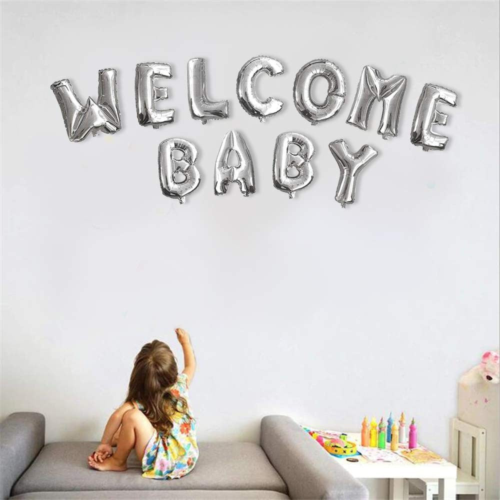 Set Baloane din Folie Metalizata, ANGELBEAR, Figurine Litere, Model Welcome Baby, Tema Aniversare, 40 cm, Ambalaj Individual, Pai inclus, Umflare cu Aer sau Heliu, Argintiu
