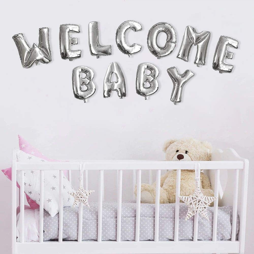 Set Baloane din Folie Metalizata, ANGELBEAR, Figurine Litere, Model Welcome Baby, Tema Aniversare, 40 cm, Ambalaj Individual, Pai inclus, Umflare cu Aer sau Heliu, Argintiu