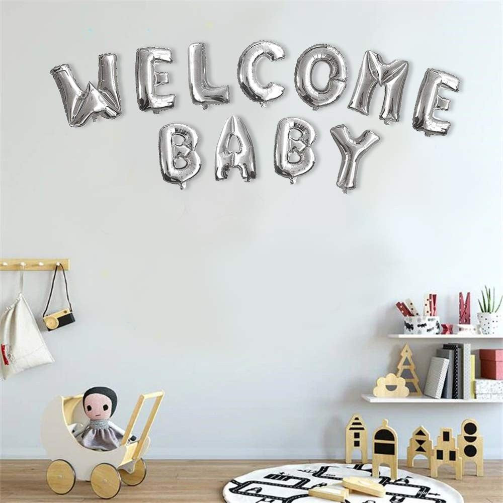 Set Baloane din Folie Metalizata, ANGELBEAR, Figurine Litere, Model Welcome Baby, Tema Aniversare, 40 cm, Ambalaj Individual, Pai inclus, Umflare cu Aer sau Heliu, Argintiu