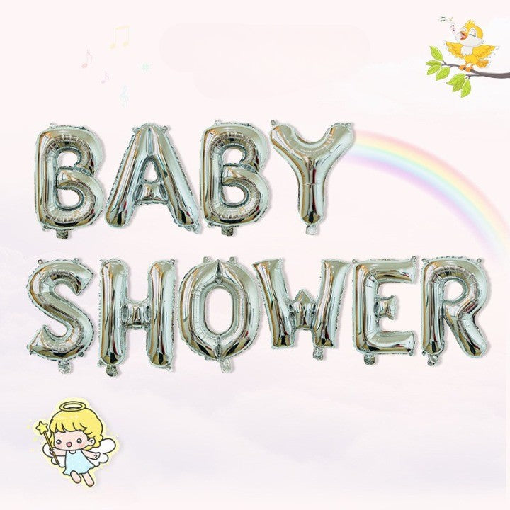 Set Baloane din Folie Metalizata, ANGELBEAR, Model Baby Shower, Litere de 40 cm, Baloane Party, Ambalaj Individual, Pai, Ata si Adeziv Incluse, Umflare cu Aer sau Heliu, Argintiu