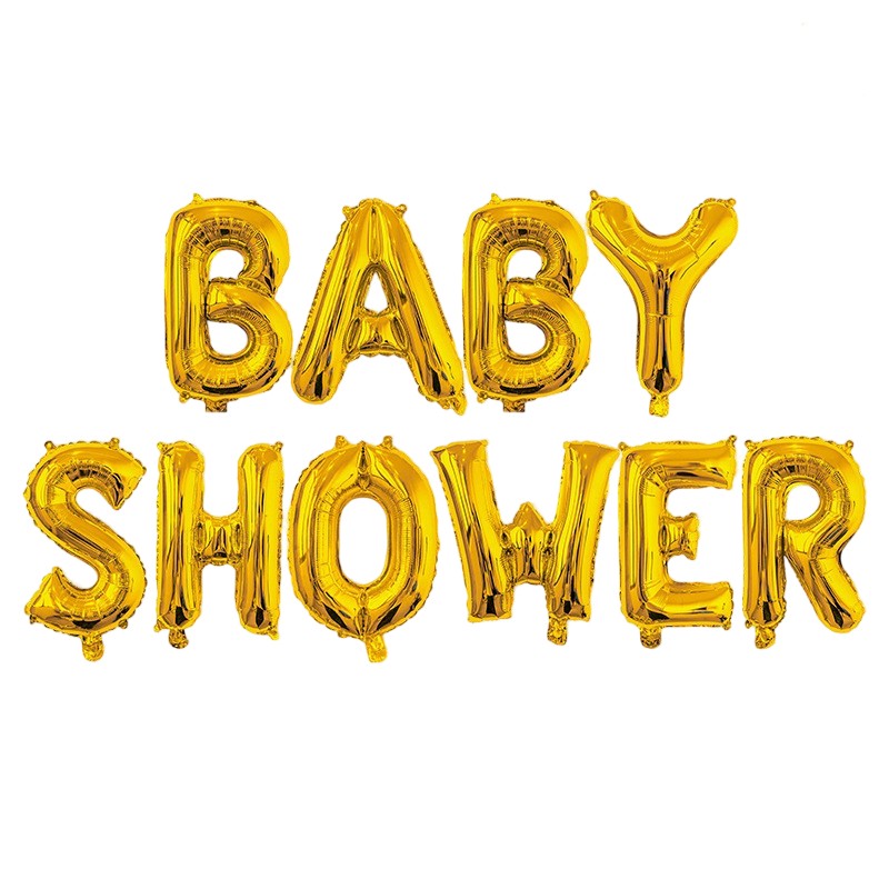 Set Baloane din Folie Metalizata, ANGELBEAR, Model Baby Shower, Litere de 40 cm, Baloane Party, Ambalaj Individual, Pai, Ata si Adeziv Incluse, Umflare cu Aer sau Heliu, Auriu