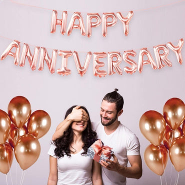 Set Baloane din Folie Metalizata, ANGELBEAR, Model Happy Anniversary, Litere de 40 cm, Baloane Party, Ambalaj Individual, Pai Inclus, Umflare cu Aer sau Heliu, Roz