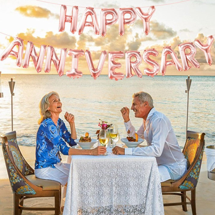 Set Baloane din Folie Metalizata, ANGELBEAR, Model Happy Anniversary, Litere de 40 cm, Baloane Party, Ambalaj Individual, Pai Inclus, Umflare cu Aer sau Heliu, Roz