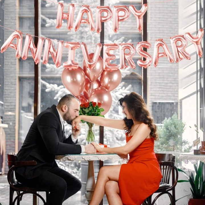 Set Baloane din Folie Metalizata, ANGELBEAR, Model Happy Anniversary, Litere de 40 cm, Baloane Party, Ambalaj Individual, Pai Inclus, Umflare cu Aer sau Heliu, Roz