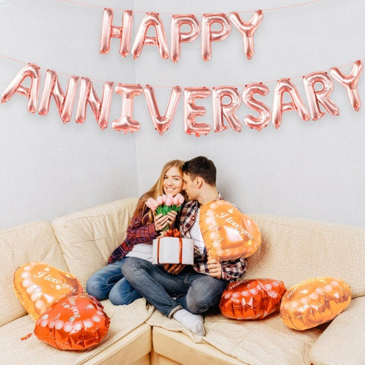 Set Baloane din Folie Metalizata, ANGELBEAR, Model Happy Anniversary, Litere de 40 cm, Baloane Party, Ambalaj Individual, Pai Inclus, Umflare cu Aer sau Heliu, Roz