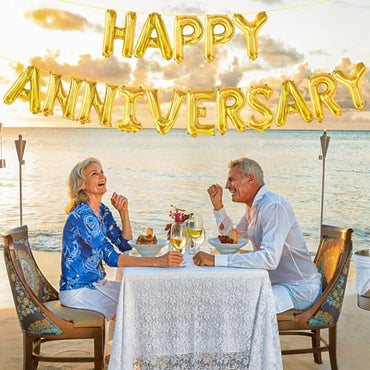 Set Baloane din Folie Metalizata, ANGELBEAR, Model Happy Anniversary, Litere de 40 cm, Baloane Party, Ambalaj Individual, Pai Inclus, Umflare cu Aer sau Heliu, Auriu