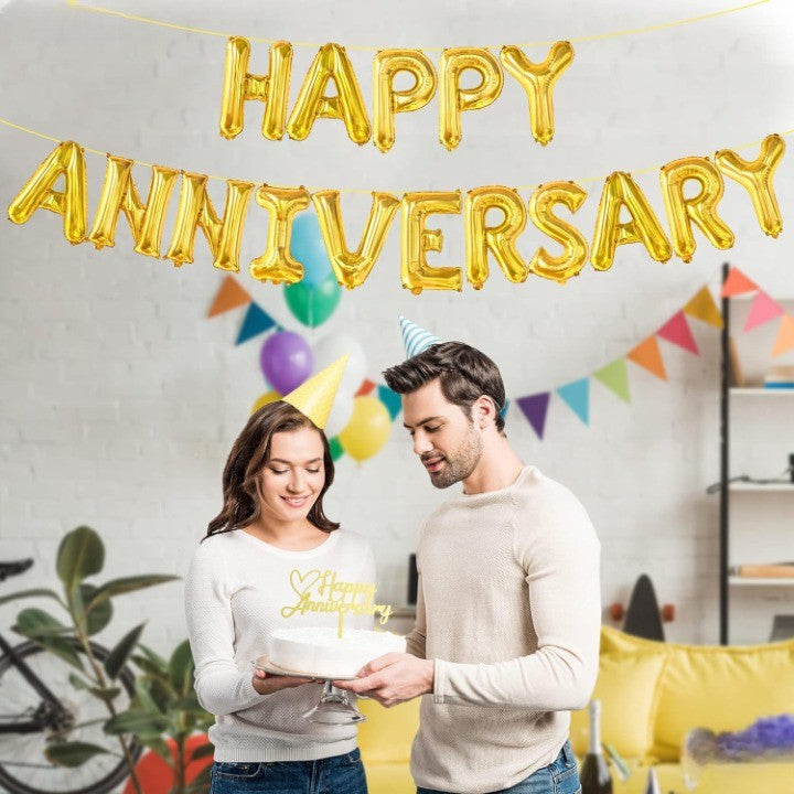 Set Baloane din Folie Metalizata, ANGELBEAR, Model Happy Anniversary, Litere de 40 cm, Baloane Party, Ambalaj Individual, Pai Inclus, Umflare cu Aer sau Heliu, Auriu
