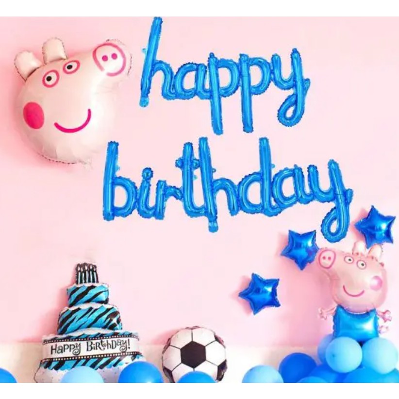 Set Baloane din Folie Metalizata, ANGELBEAR, Model Happy Birthday, 45x85 cm, 45x124cm, Baloane Party, Ambalaj Individual, Pai Inclus, Umflare cu Aer sau Heliu, Albastru