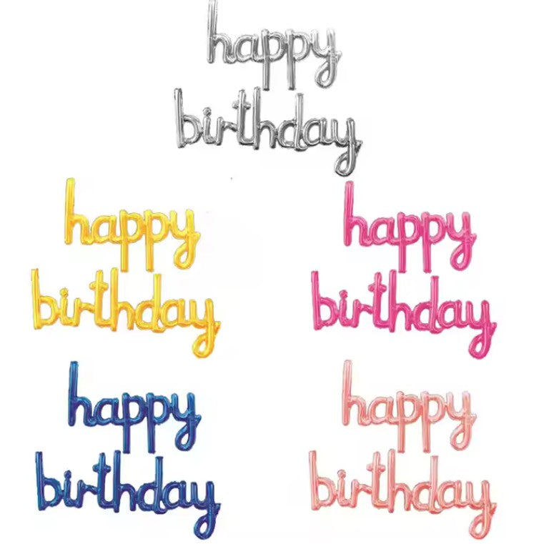Set Baloane din Folie Metalizata, ANGELBEAR, Model Happy Birthday, 45x85 cm, 45x124cm, Baloane Party, Ambalaj Individual, Pai Inclus, Umflare cu Aer sau Heliu, Roz