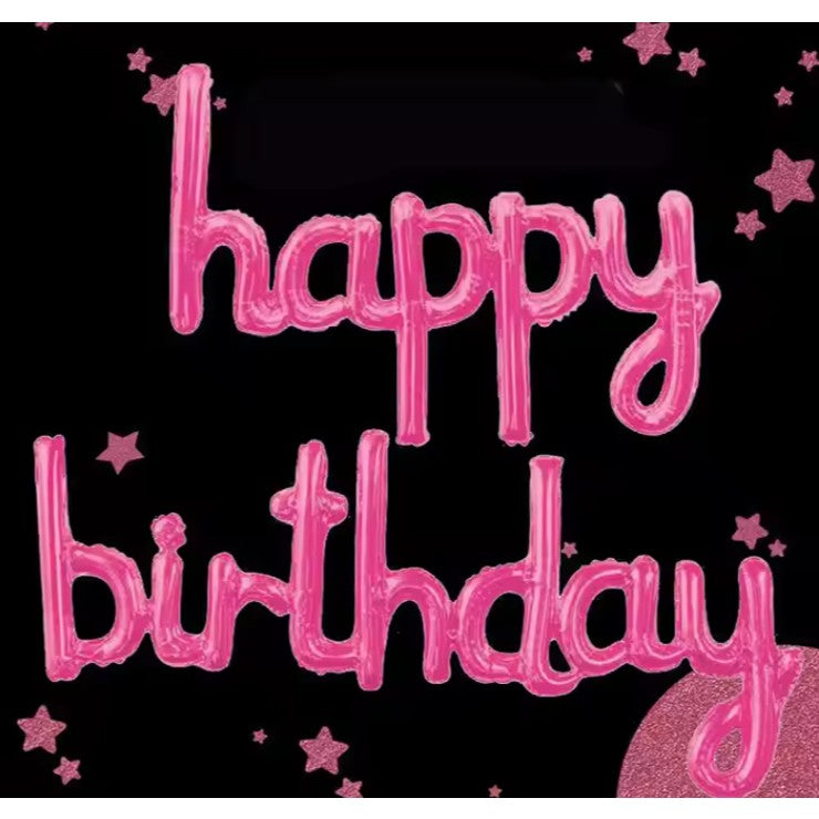 Set Baloane din Folie Metalizata, ANGELBEAR, Model Happy Birthday, 45x85 cm, 45x124cm, Baloane Party, Ambalaj Individual, Pai Inclus, Umflare cu Aer sau Heliu, Roz