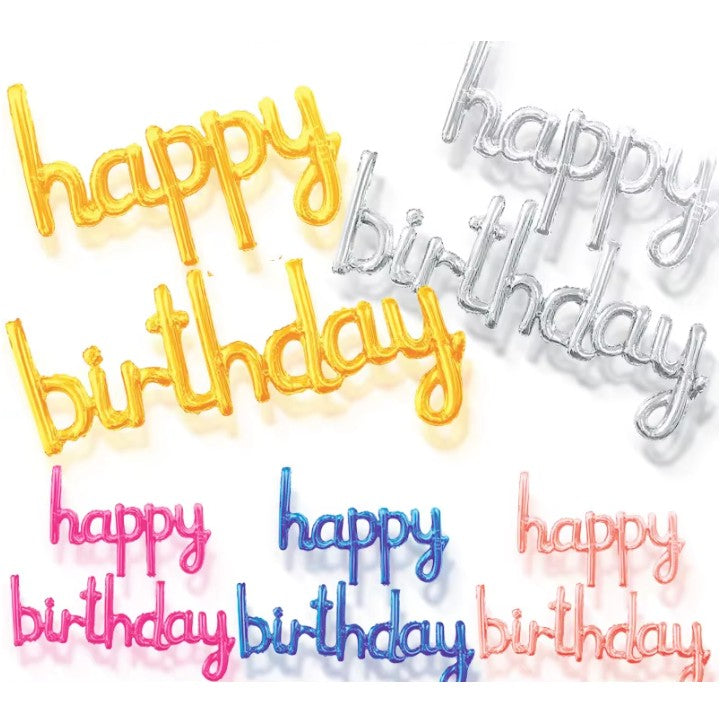 Set Baloane din Folie Metalizata, ANGELBEAR, Model Happy Birthday, 45x85 cm, 45x124cm, Baloane Party, Ambalaj Individual, Pai Inclus, Umflare cu Aer sau Heliu, Roz