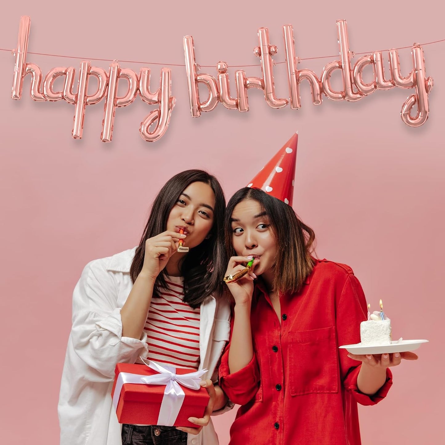 Set Baloane din Folie Metalizata, ANGELBEAR, Model Happy Birthday, 45x85 cm, 45x124cm, Baloane Party, Ambalaj Individual, Pai Inclus, Umflare cu Aer sau Heliu, Roz Pal