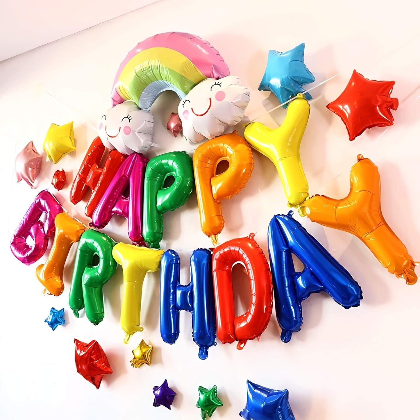 Set Baloane din Folie Metalizata, ANGELBEAR, Model Happy Birthday, Litere de 40 cm, Baloane Party, Ambalaj Individual, Pai, Ata si Adeziv Incluse, Umflare cu Aer sau Heliu, Multicolor