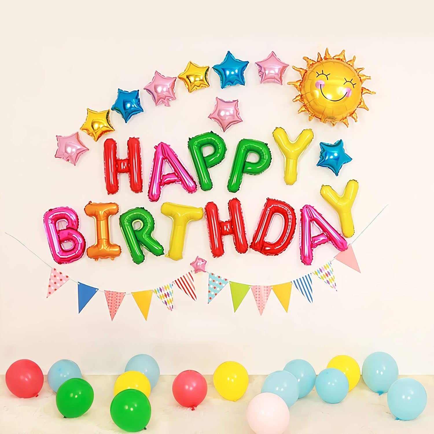 Set Baloane din Folie Metalizata, ANGELBEAR, Model Happy Birthday, Litere de 40 cm, Baloane Party, Ambalaj Individual, Pai, Ata si Adeziv Incluse, Umflare cu Aer sau Heliu, Multicolor