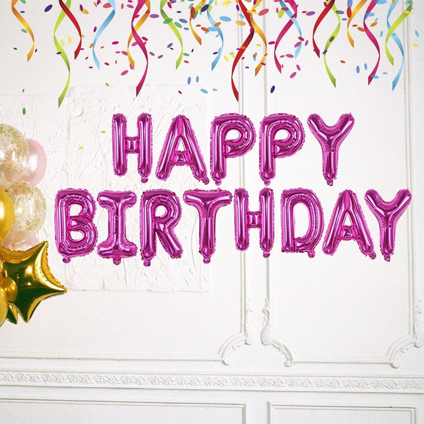Set Baloane din Folie Metalizata, ANGELBEAR, Model Happy Birthday, Litere de 40 cm, Baloane Party, Ambalaj Individual, Pai, Ata si Adeziv Incluse, Umflare cu Aer sau Heliu, Mov