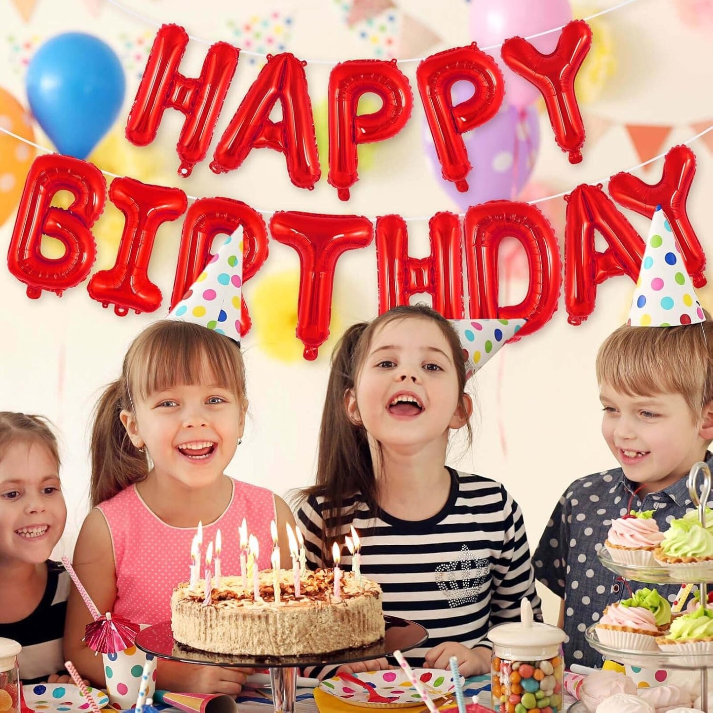 Set Baloane din Folie Metalizata, ANGELBEAR, Model Happy Birthday, Litere de 40 cm, Baloane Party, Ambalaj Individual, Pai, Ata si Adeziv Incluse, Umflare cu Aer sau Heliu, Rosu