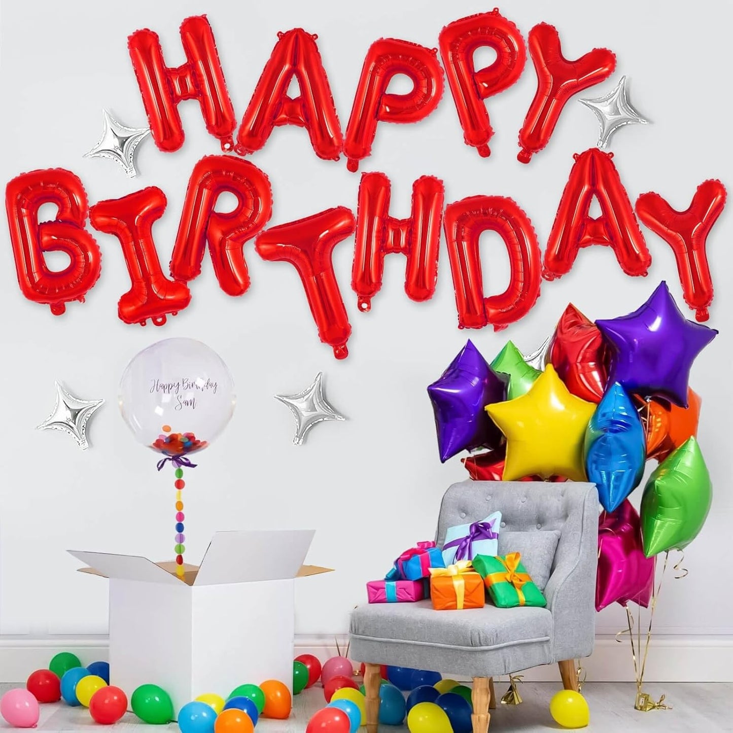 Set Baloane din Folie Metalizata, ANGELBEAR, Model Happy Birthday, Litere de 40 cm, Baloane Party, Ambalaj Individual, Pai, Ata si Adeziv Incluse, Umflare cu Aer sau Heliu, Rosu